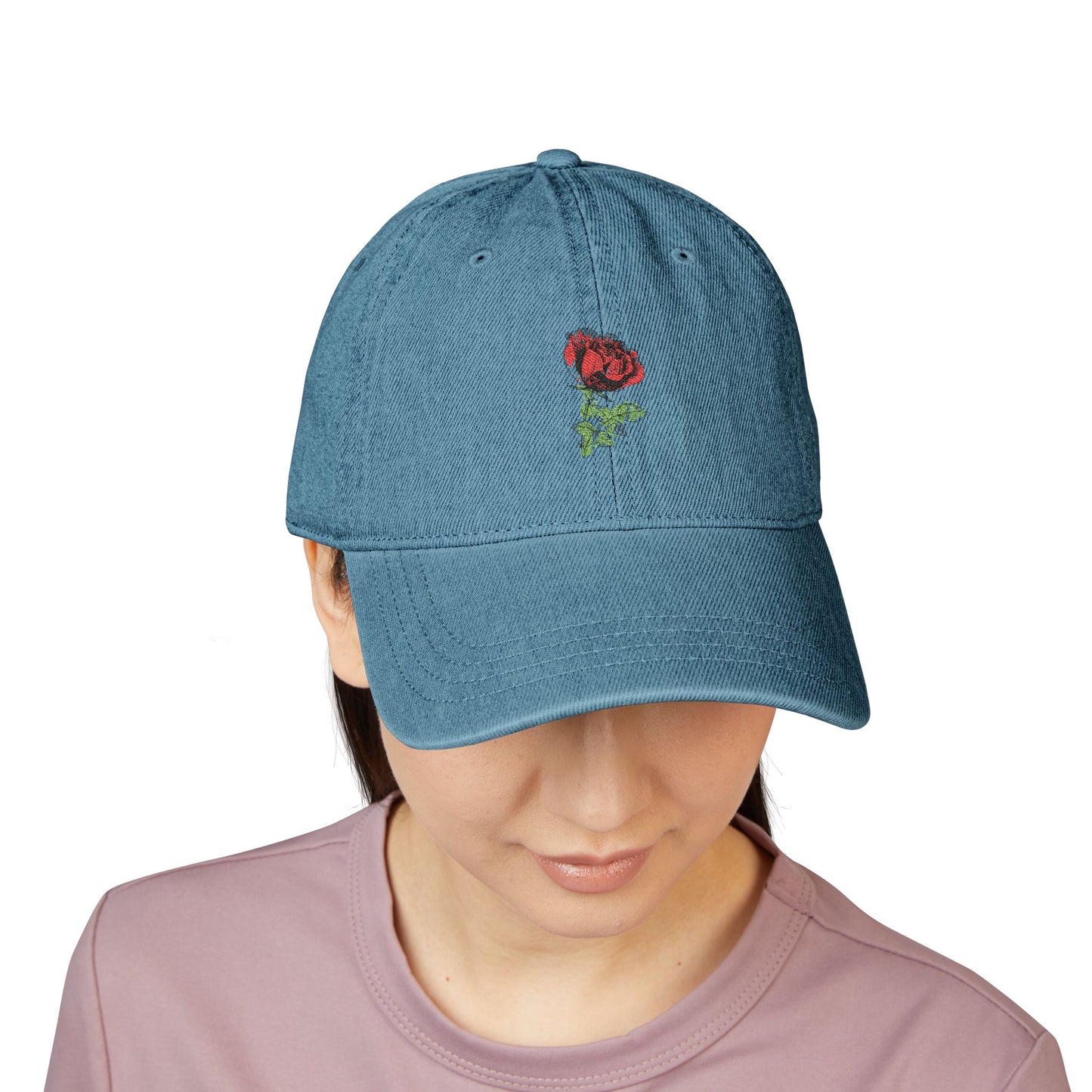 Embroidered Rose Denim Hat — Minimal Floral Baseball Cap
