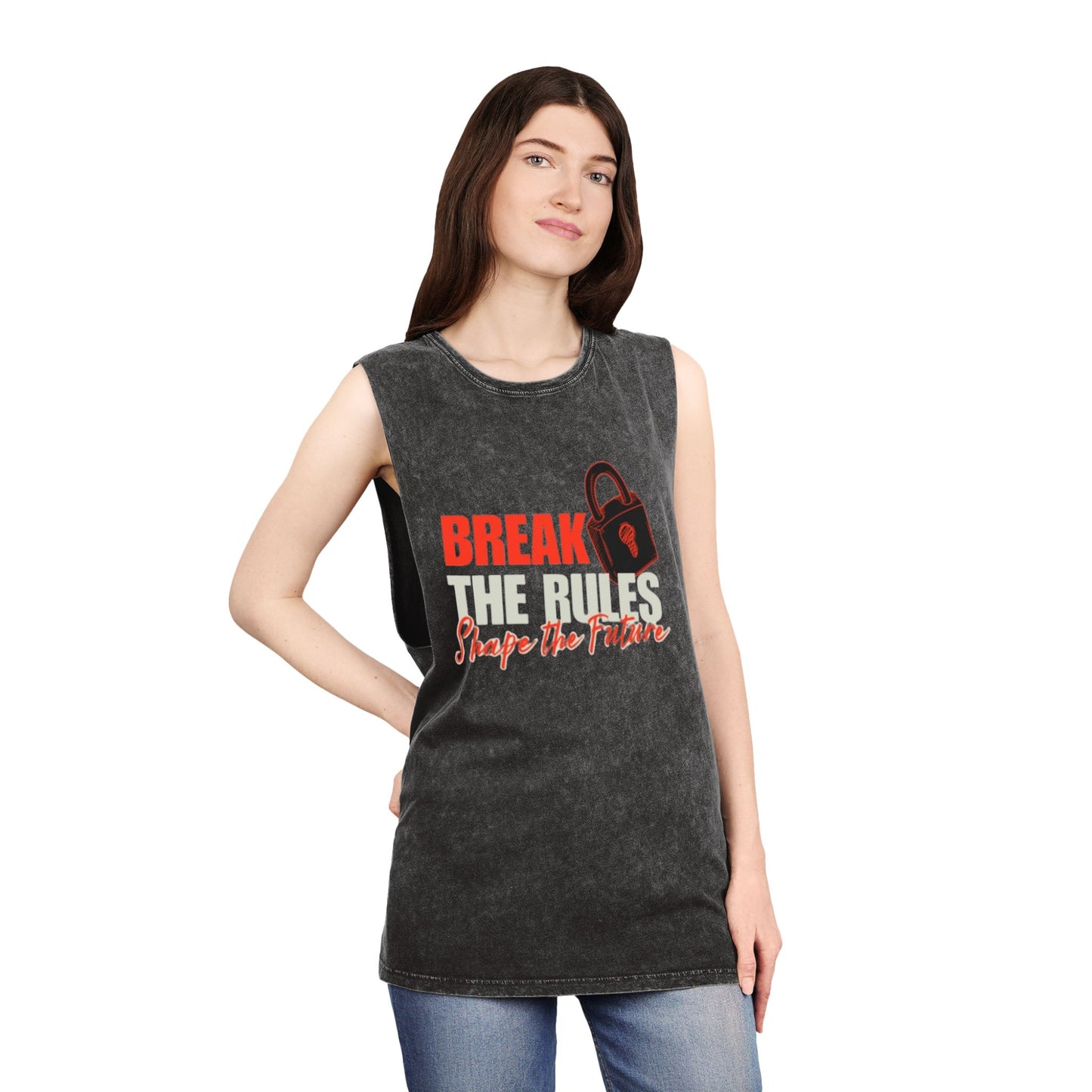 Break the Rules Stonewash Tank Top — 'Break the Rules, Shape the Future' Graphic Tank
