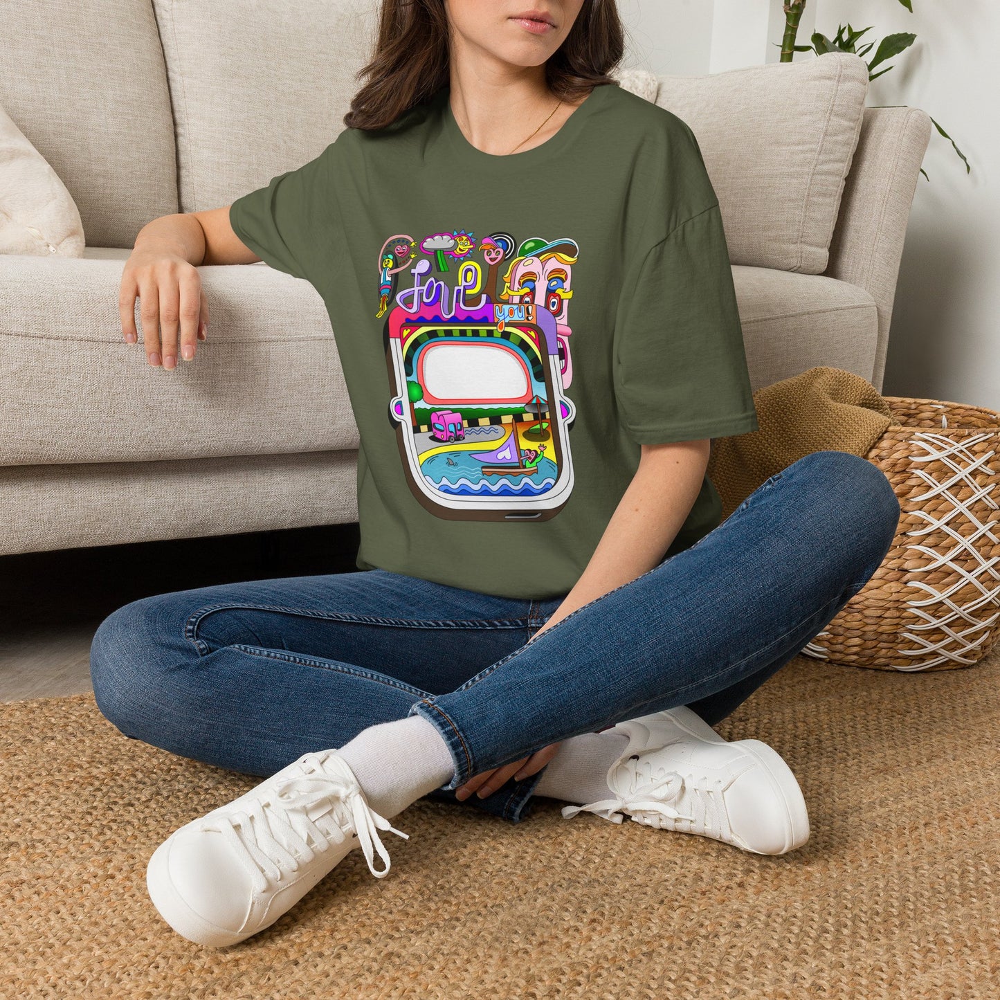 Retro Colorful 'Joy' Graphic T-Shirt – 70s Pop Art Travel Window Tee
