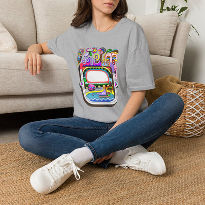 Retro Colorful 'Joy' Graphic T-Shirt – 70s Pop Art Travel Window Tee