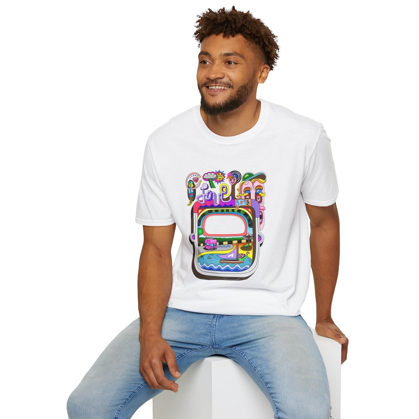 Retro Colorful 'Joy' Graphic T-Shirt – 70s Pop Art Travel Window Tee