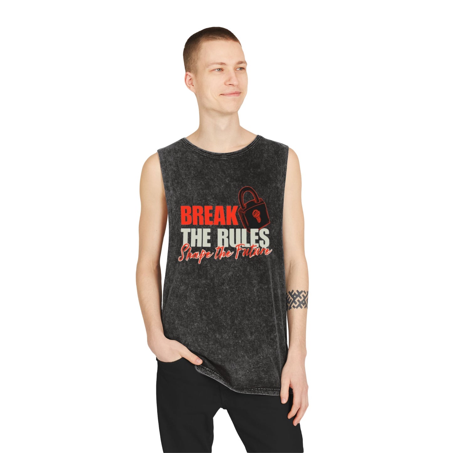 Break the Rules Stonewash Tank Top — 'Break the Rules, Shape the Future' Graphic Tank