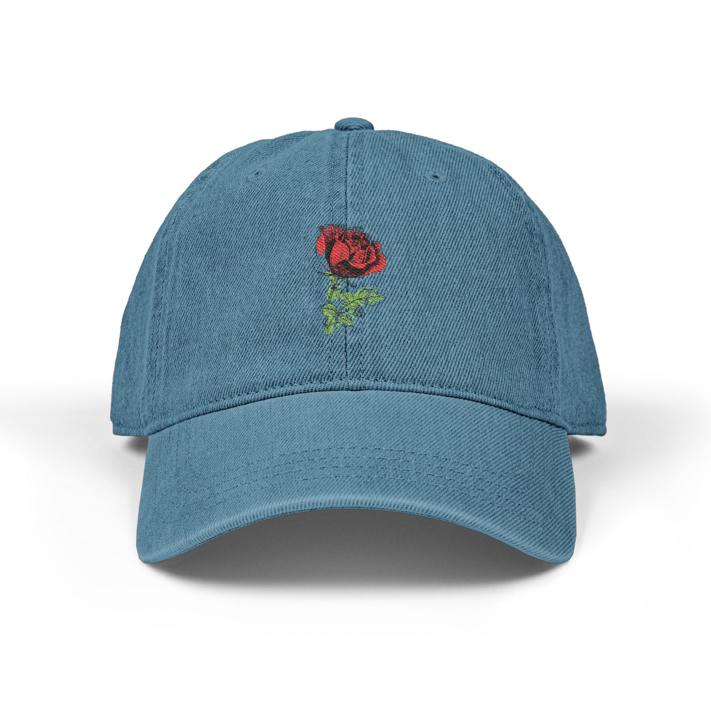 Embroidered Rose Denim Hat — Minimal Floral Baseball Cap
