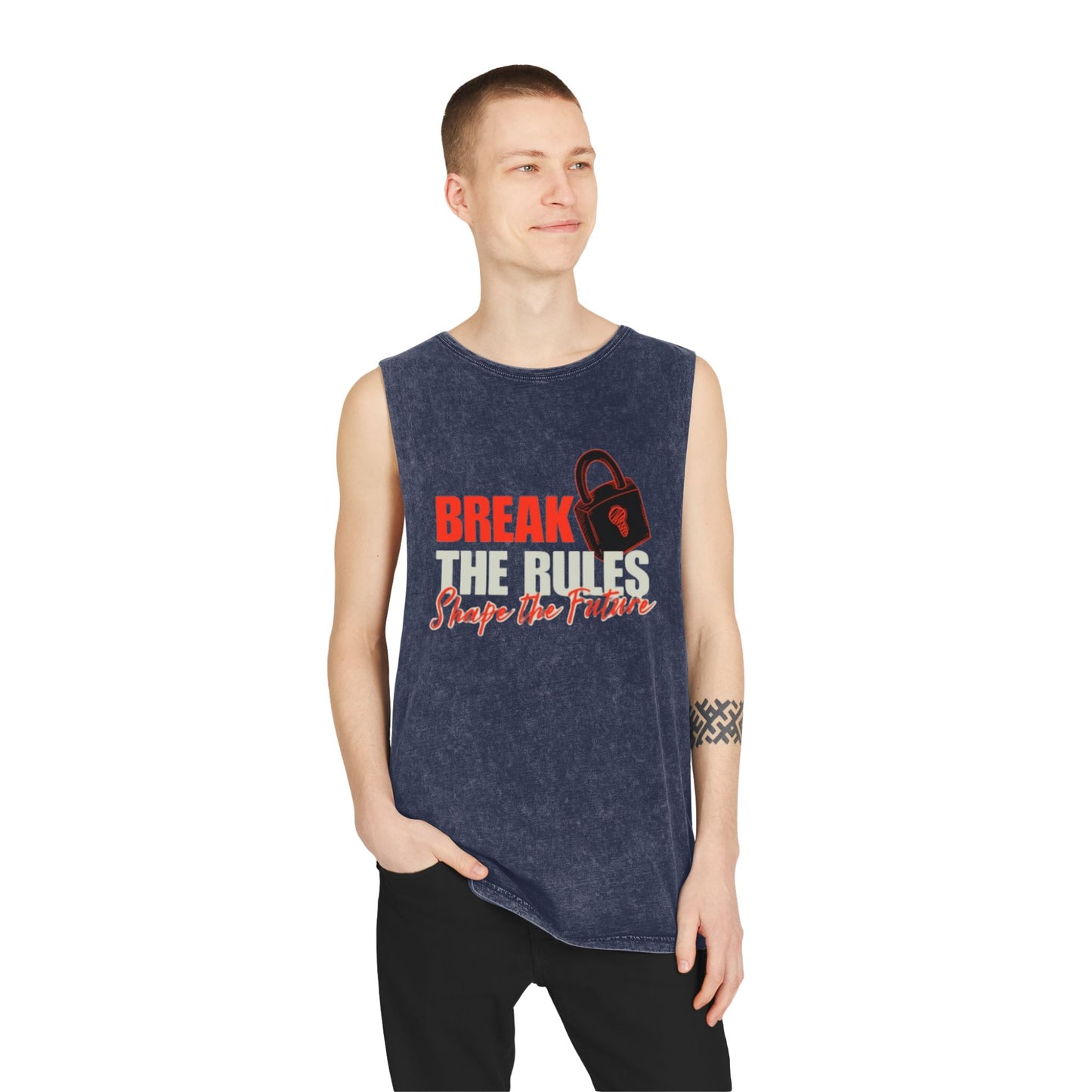 Break the Rules Stonewash Tank Top — 'Break the Rules, Shape the Future' Graphic Tank