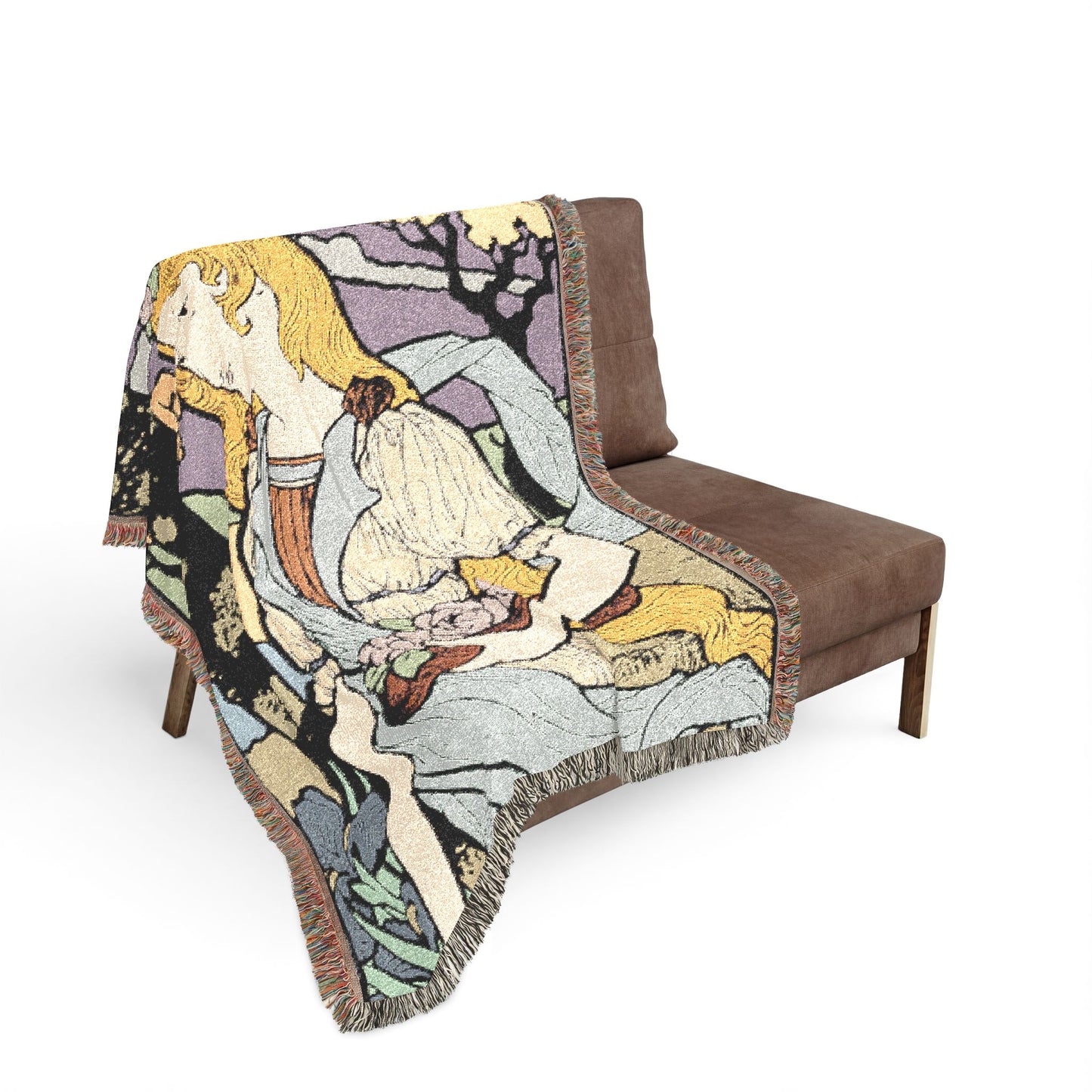Art Nouveau Woven Throw Blanket — Vintage Floral Woman Tapestry