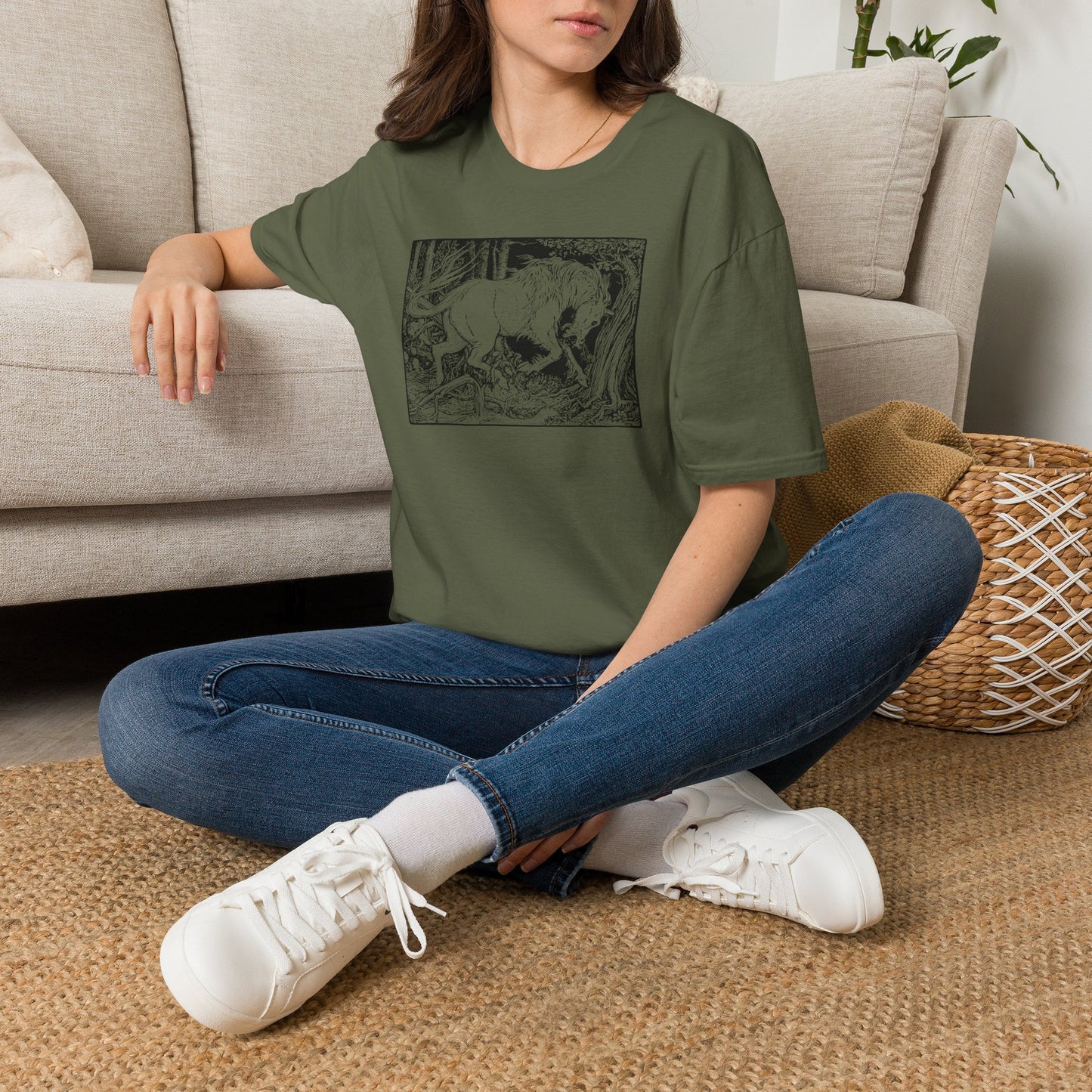 Mystic Forest Unicorn T-Shirt — Hand-Drawn Monochrome Fantasy Tee
