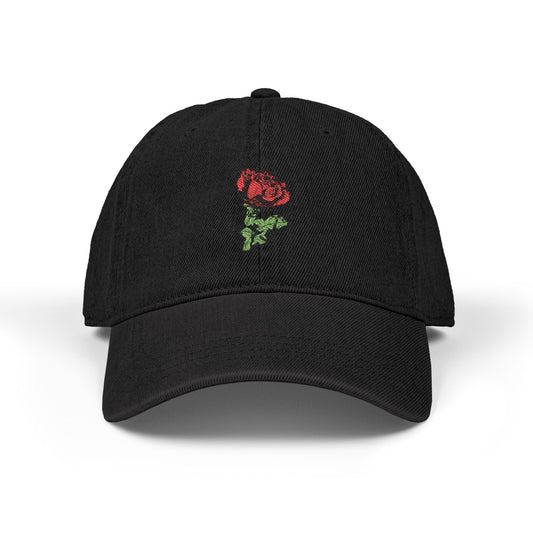 Embroidered Rose Denim Hat — Minimal Floral Baseball Cap