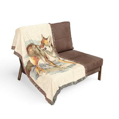 Desert Coyote Woven Blanket — Southwestern Animal Tapestry Throw