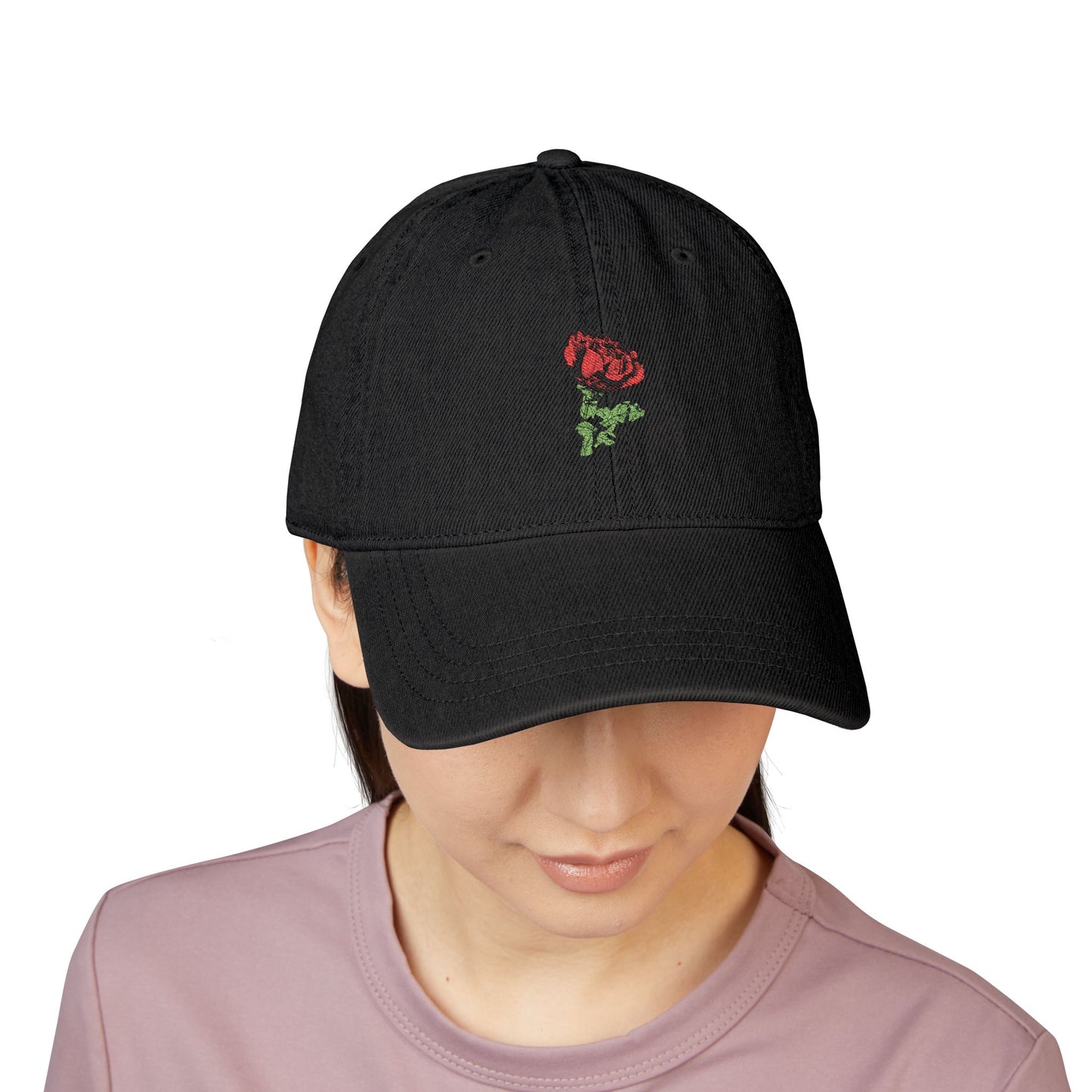Embroidered Rose Denim Hat — Minimal Floral Baseball Cap