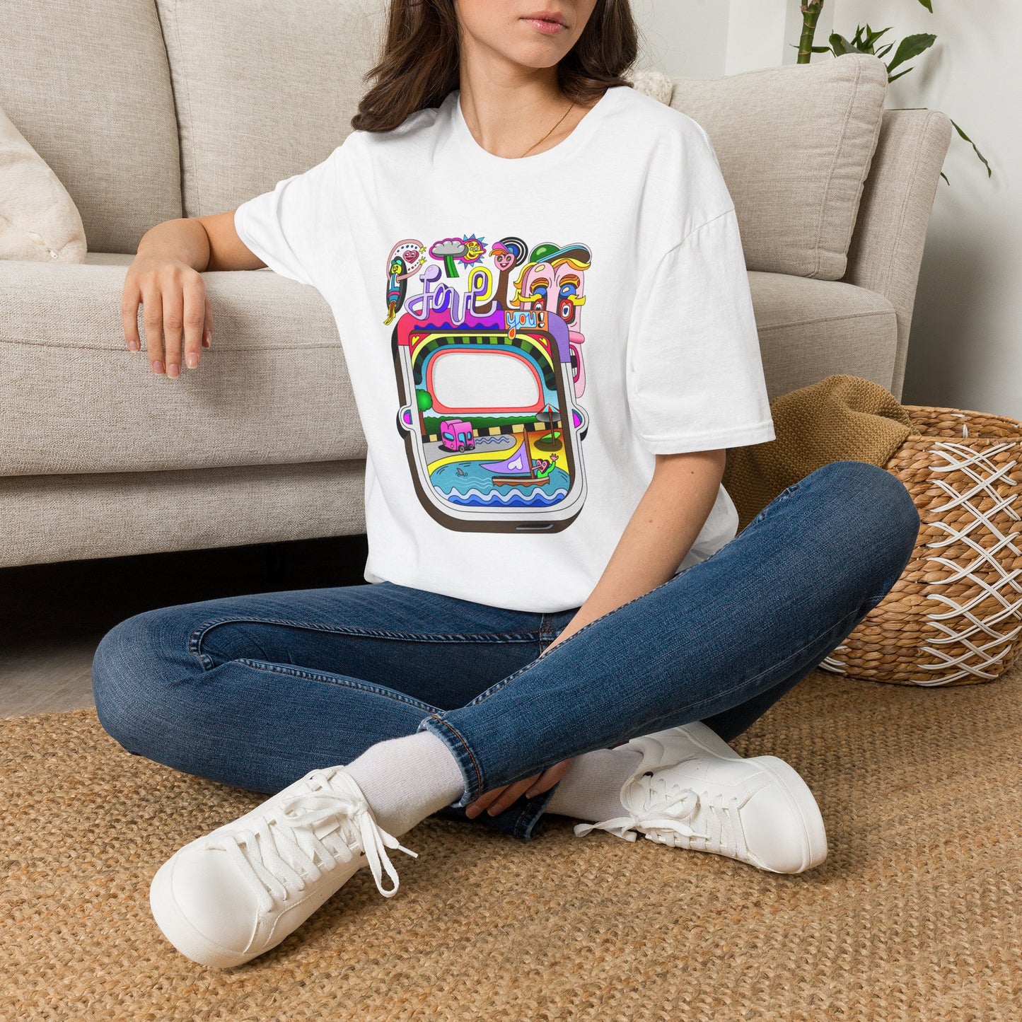 Retro Colorful 'Joy' Graphic T-Shirt – 70s Pop Art Travel Window Tee