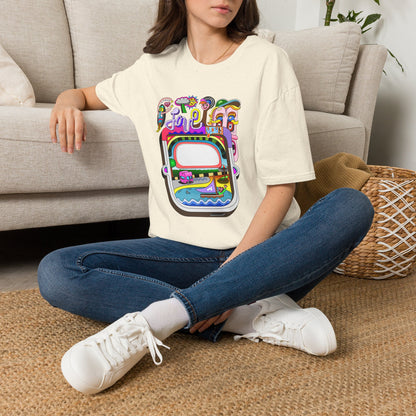 Retro Colorful 'Joy' Graphic T-Shirt – 70s Pop Art Travel Window Tee