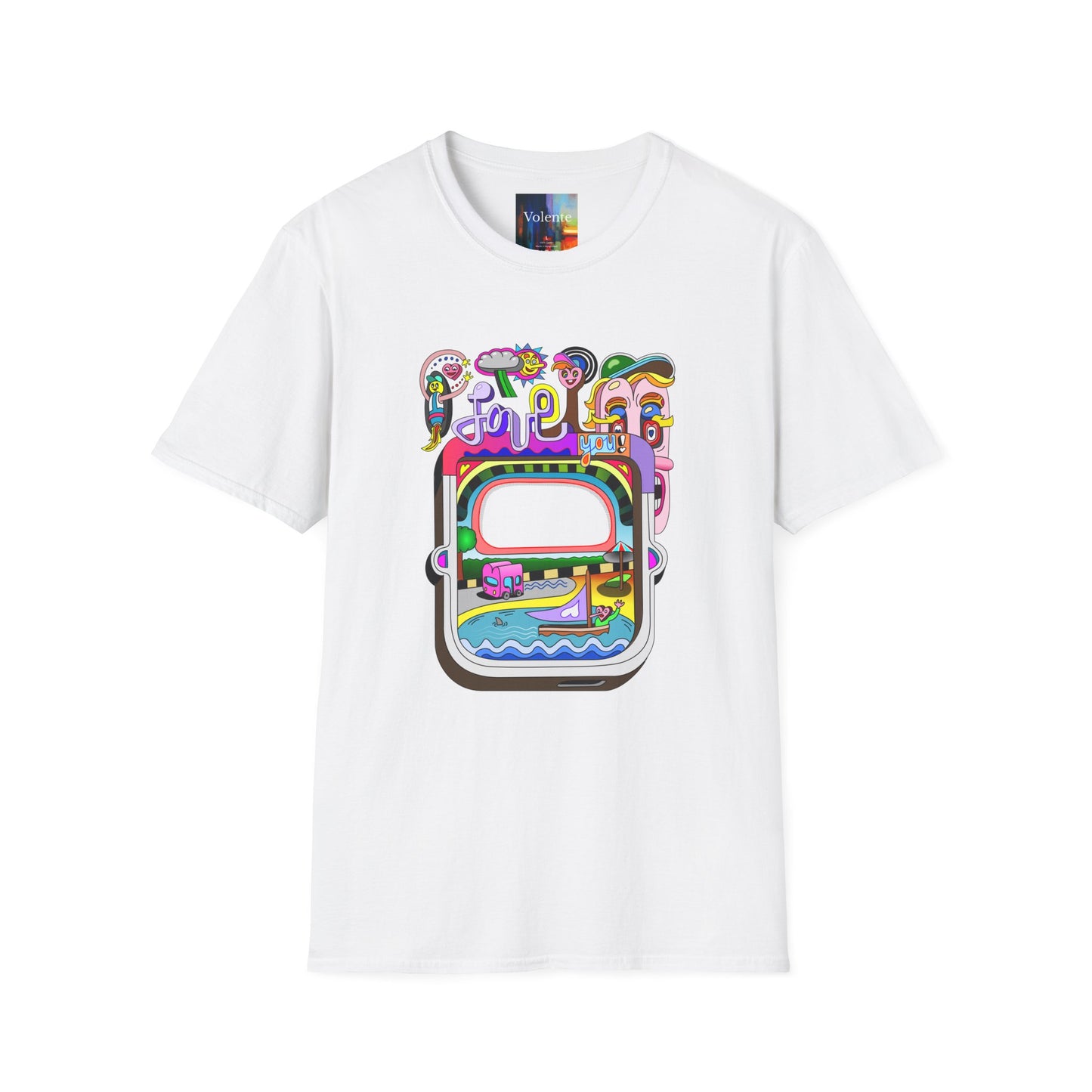 Retro Colorful 'Joy' Graphic T-Shirt – 70s Pop Art Travel Window Tee