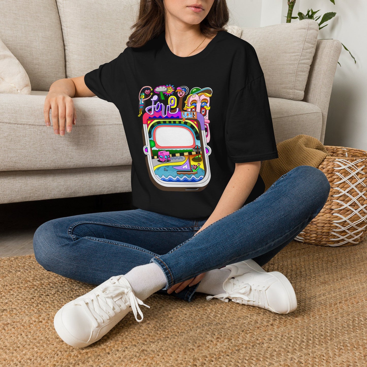 Retro Colorful 'Joy' Graphic T-Shirt – 70s Pop Art Travel Window Tee