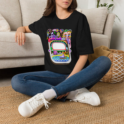 Retro Colorful 'Joy' Graphic T-Shirt – 70s Pop Art Travel Window Tee