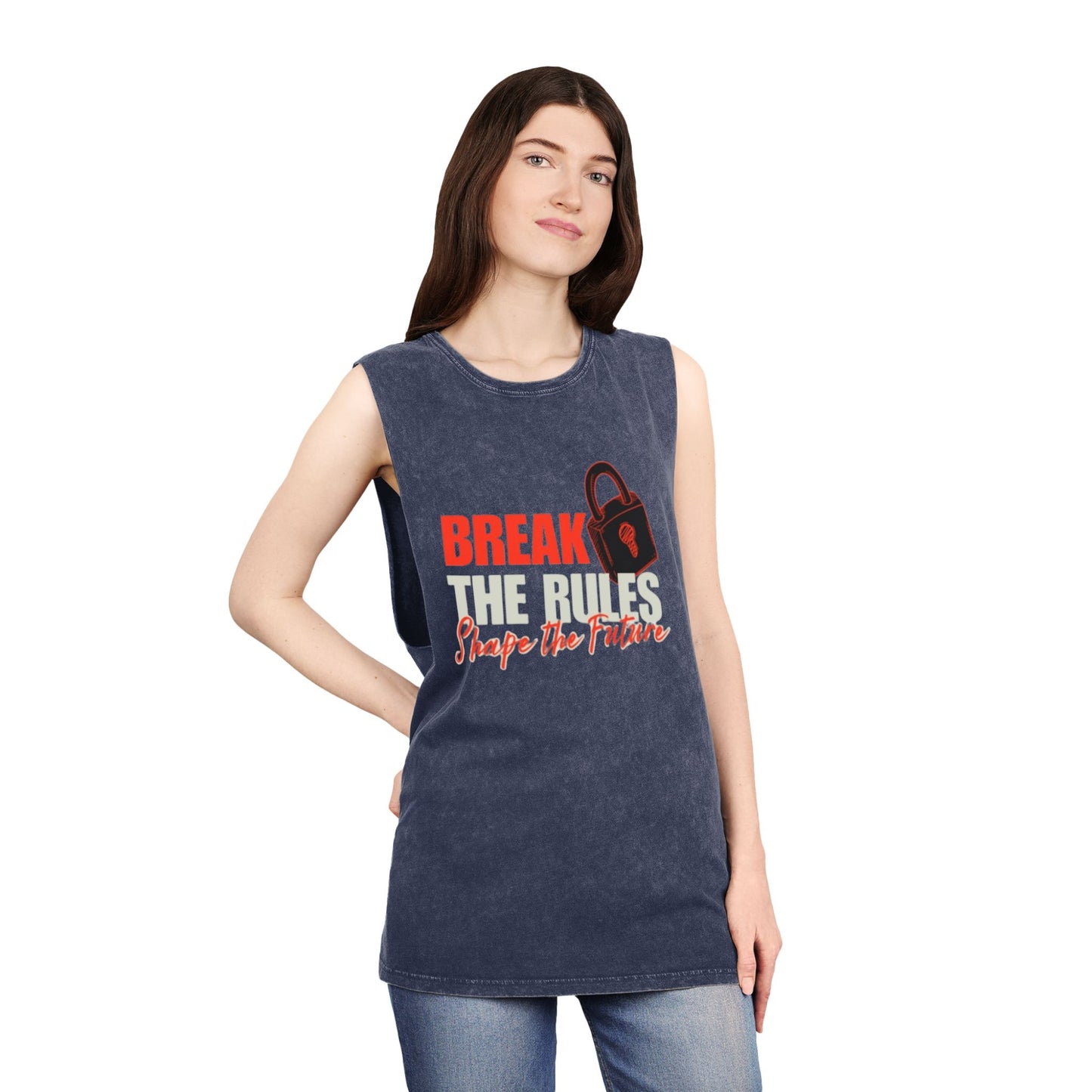 Break the Rules Stonewash Tank Top — 'Break the Rules, Shape the Future' Graphic Tank