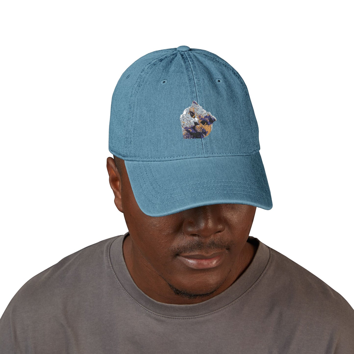 Embroidered Cat Face Denim Hat – Cute Sparkle Kitten Cap