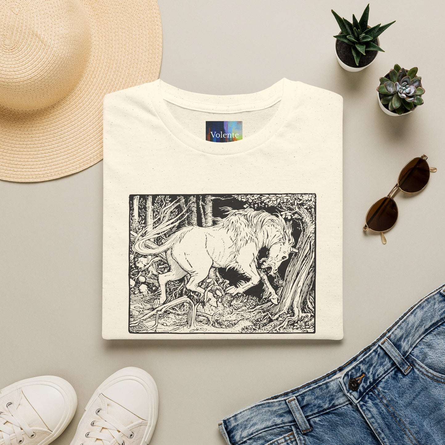 Mystic Forest Unicorn T-Shirt — Hand-Drawn Monochrome Fantasy Tee