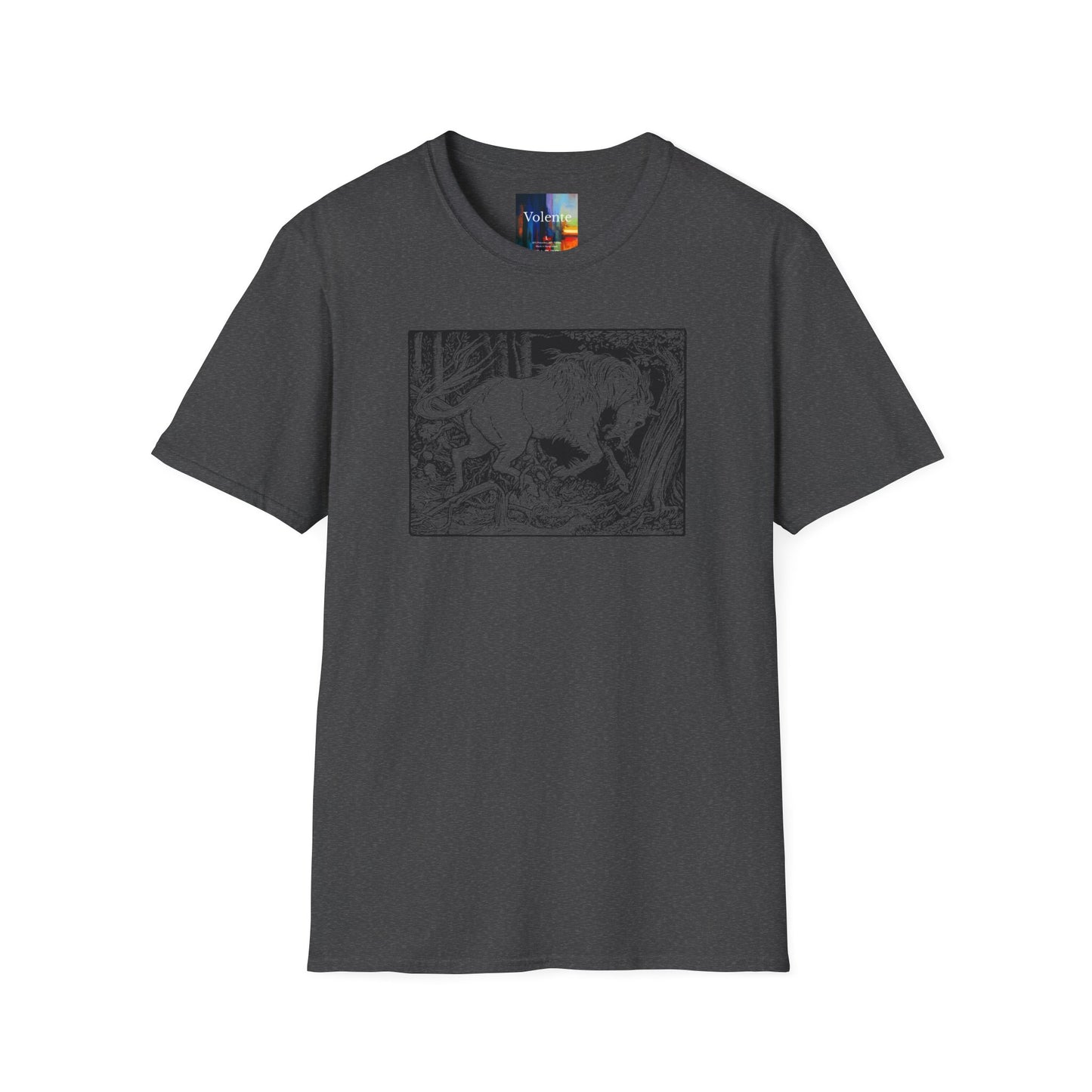 Mystic Forest Unicorn T-Shirt — Hand-Drawn Monochrome Fantasy Tee