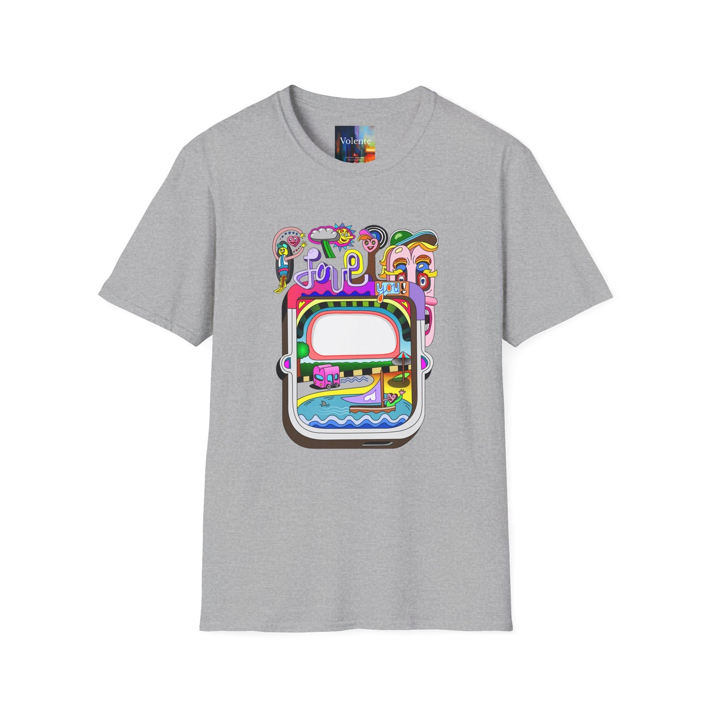 Retro Colorful 'Joy' Graphic T-Shirt – 70s Pop Art Travel Window Tee