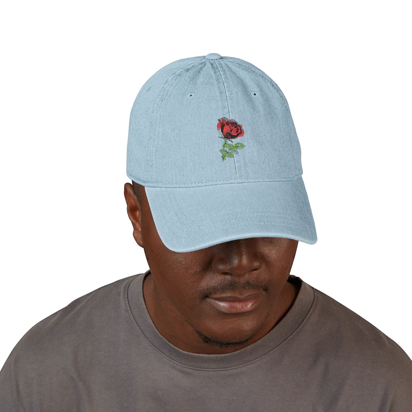 Embroidered Rose Denim Hat — Minimal Floral Baseball Cap