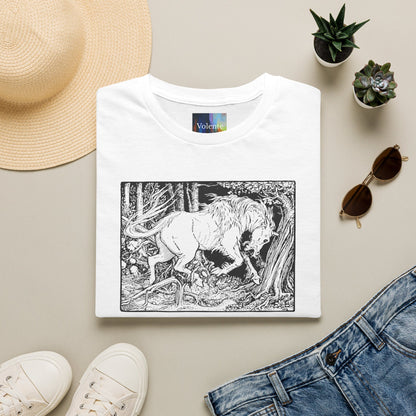 Mystic Forest Unicorn T-Shirt — Hand-Drawn Monochrome Fantasy Tee