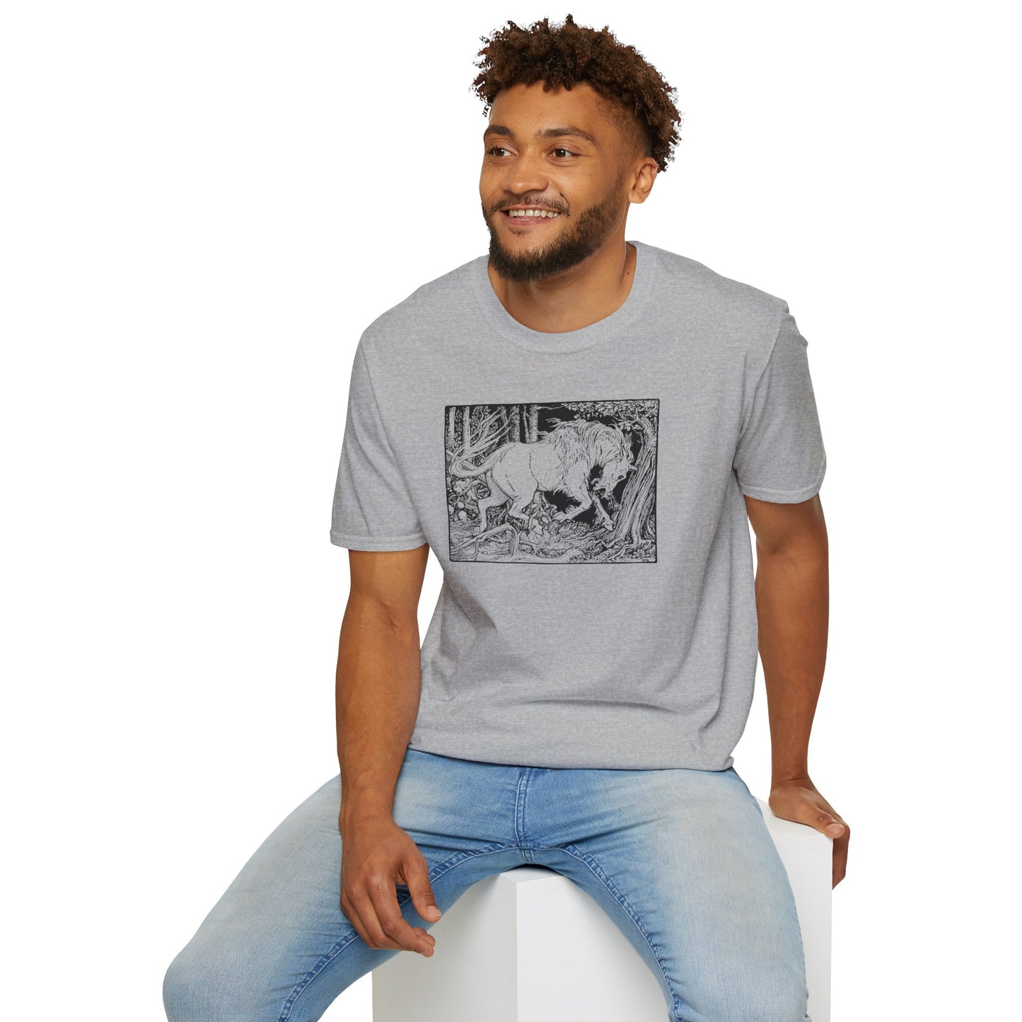 Mystic Forest Unicorn T-Shirt — Hand-Drawn Monochrome Fantasy Tee
