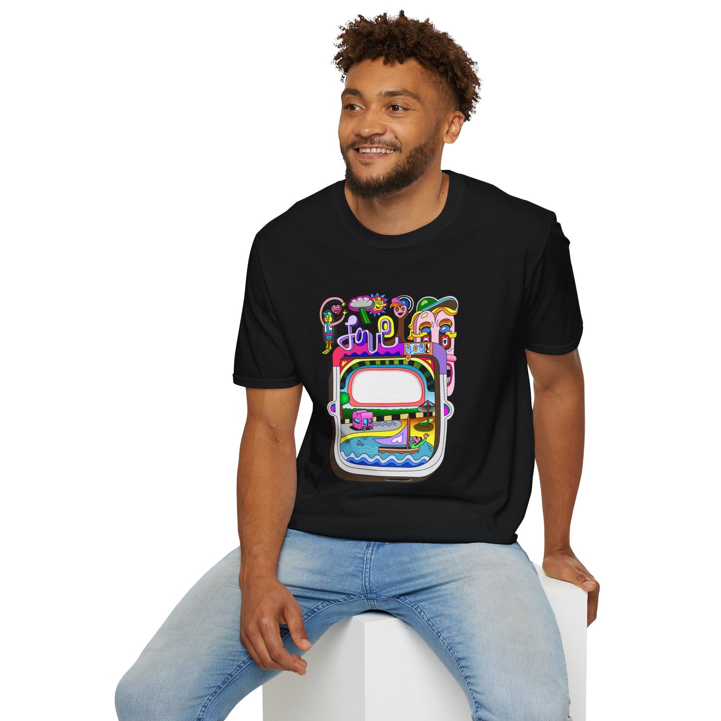 Retro Colorful 'Joy' Graphic T-Shirt – 70s Pop Art Travel Window Tee
