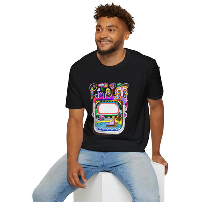 Retro Colorful 'Joy' Graphic T-Shirt – 70s Pop Art Travel Window Tee