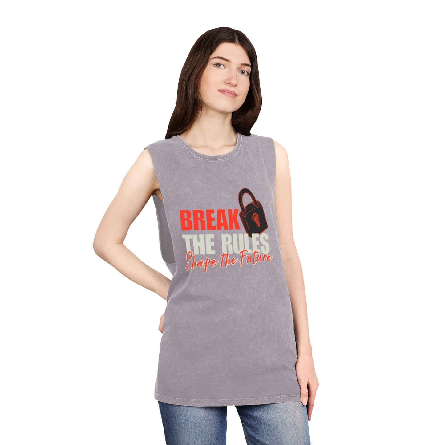 Break the Rules Stonewash Tank Top — 'Break the Rules, Shape the Future' Graphic Tank