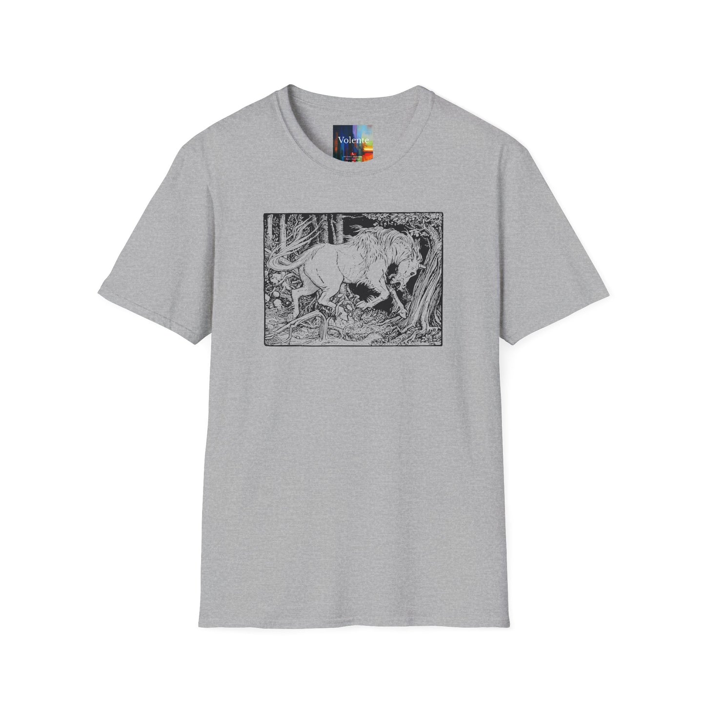 Mystic Forest Unicorn T-Shirt — Hand-Drawn Monochrome Fantasy Tee