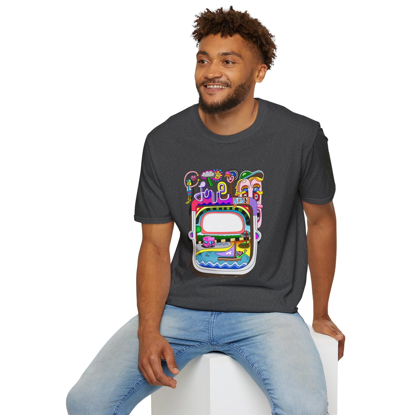 Retro Colorful 'Joy' Graphic T-Shirt – 70s Pop Art Travel Window Tee