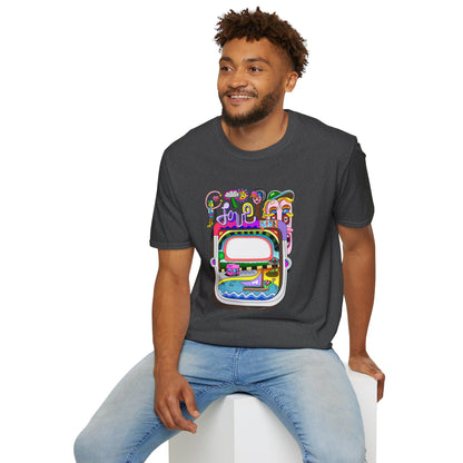 Retro Colorful 'Joy' Graphic T-Shirt – 70s Pop Art Travel Window Tee