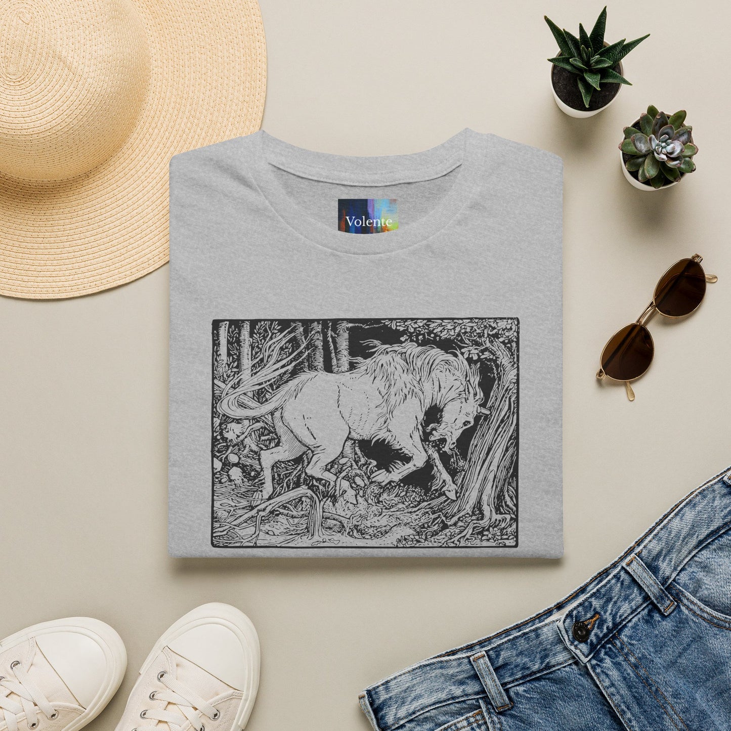 Mystic Forest Unicorn T-Shirt — Hand-Drawn Monochrome Fantasy Tee