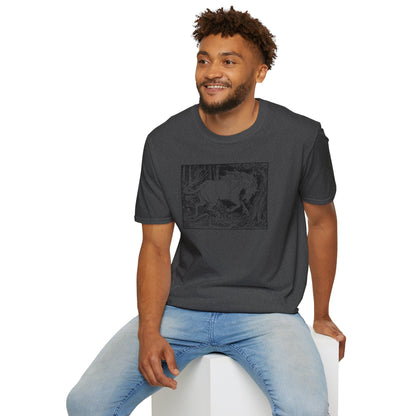 Mystic Forest Unicorn T-Shirt — Hand-Drawn Monochrome Fantasy Tee