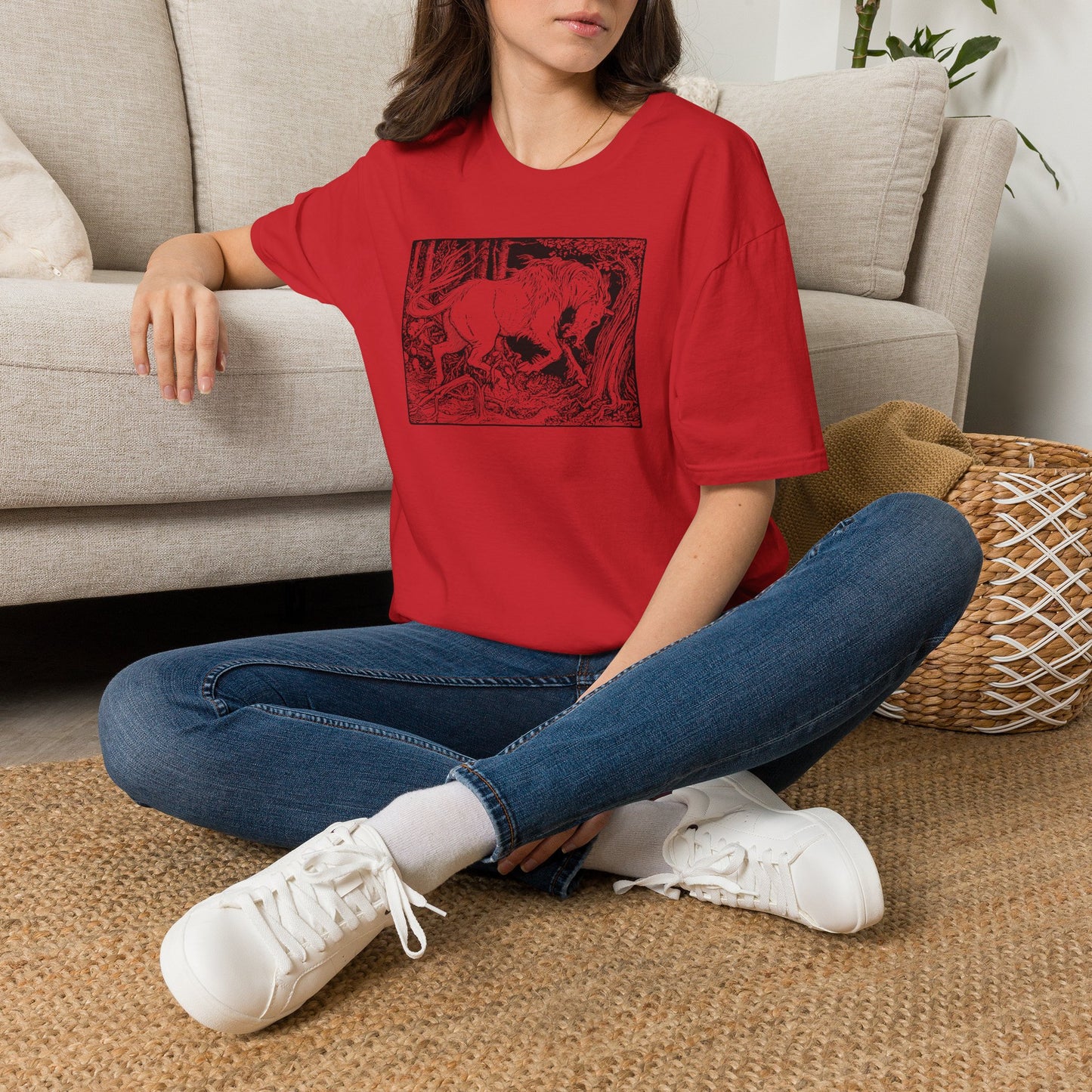 Mystic Forest Unicorn T-Shirt — Hand-Drawn Monochrome Fantasy Tee