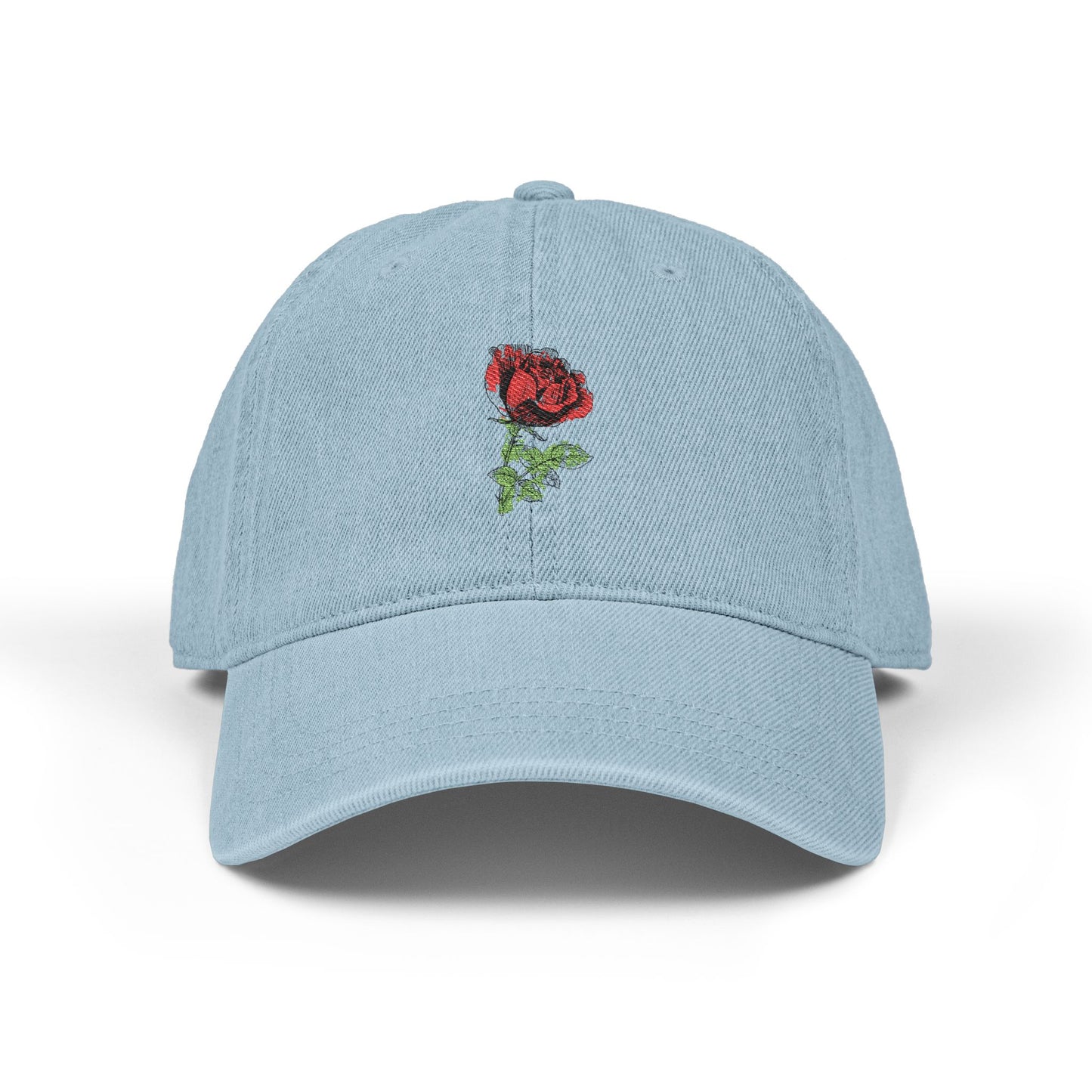 Embroidered Rose Denim Hat — Minimal Floral Baseball Cap
