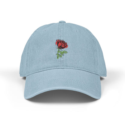 Embroidered Rose Denim Hat — Minimal Floral Baseball Cap