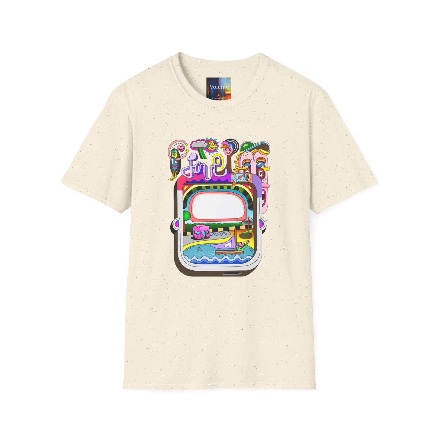 Retro Colorful 'Joy' Graphic T-Shirt – 70s Pop Art Travel Window Tee
