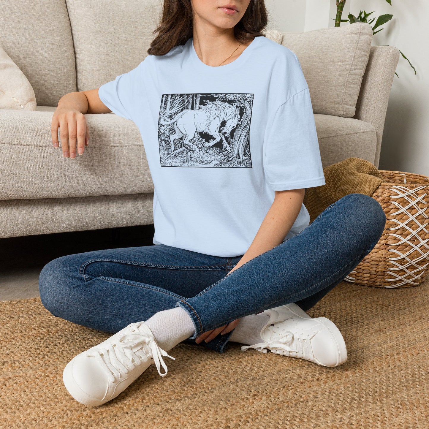 Mystic Forest Unicorn T-Shirt — Hand-Drawn Monochrome Fantasy Tee