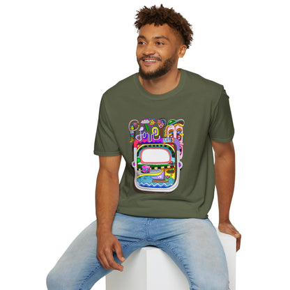 Retro Colorful 'Joy' Graphic T-Shirt – 70s Pop Art Travel Window Tee
