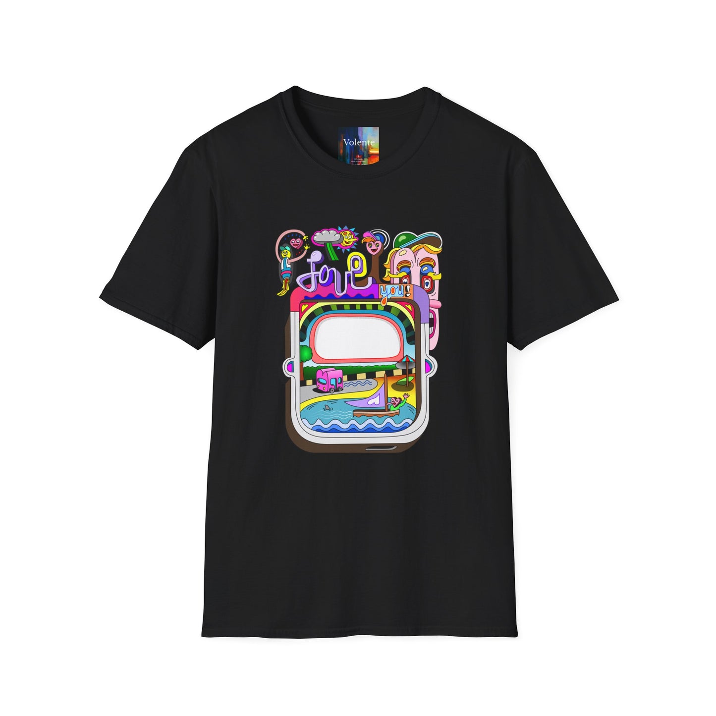 Retro Colorful 'Joy' Graphic T-Shirt – 70s Pop Art Travel Window Tee