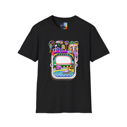 Retro Colorful 'Joy' Graphic T-Shirt – 70s Pop Art Travel Window Tee