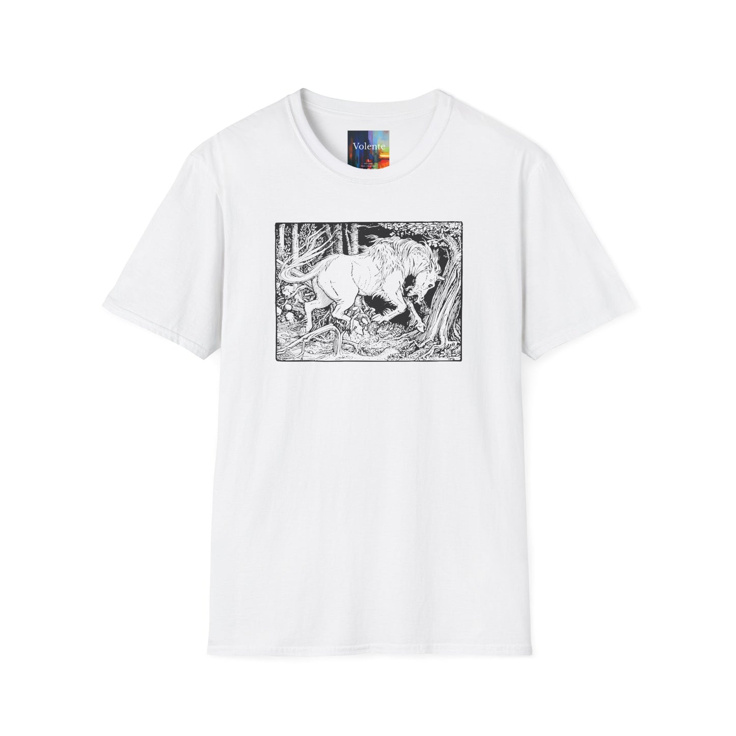 Mystic Forest Unicorn T-Shirt — Hand-Drawn Monochrome Fantasy Tee