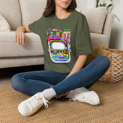 Retro Colorful 'Joy' Graphic T-Shirt – 70s Pop Art Travel Window Tee