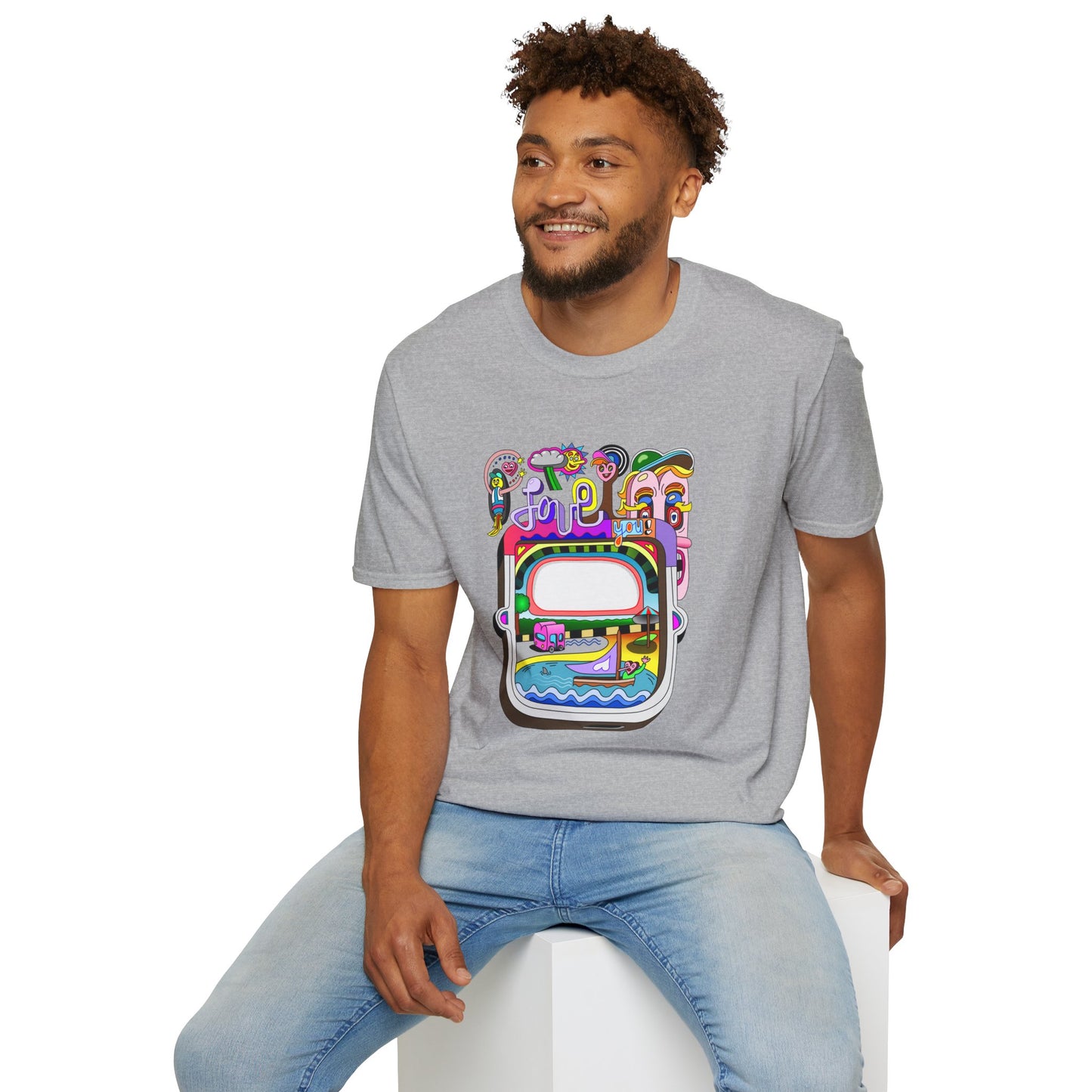 Retro Colorful 'Joy' Graphic T-Shirt – 70s Pop Art Travel Window Tee