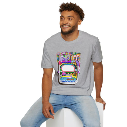 Retro Colorful 'Joy' Graphic T-Shirt – 70s Pop Art Travel Window Tee