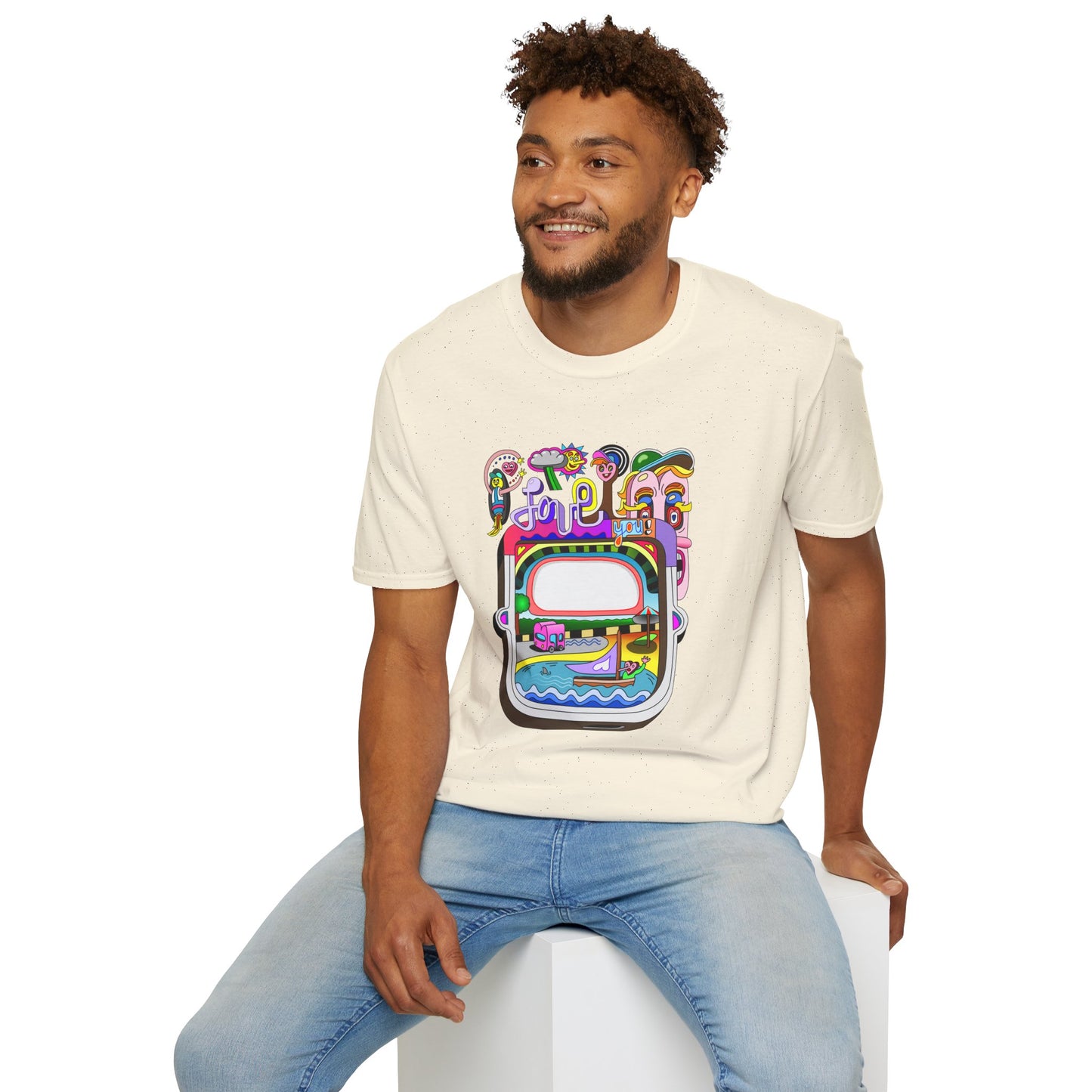 Retro Colorful 'Joy' Graphic T-Shirt – 70s Pop Art Travel Window Tee