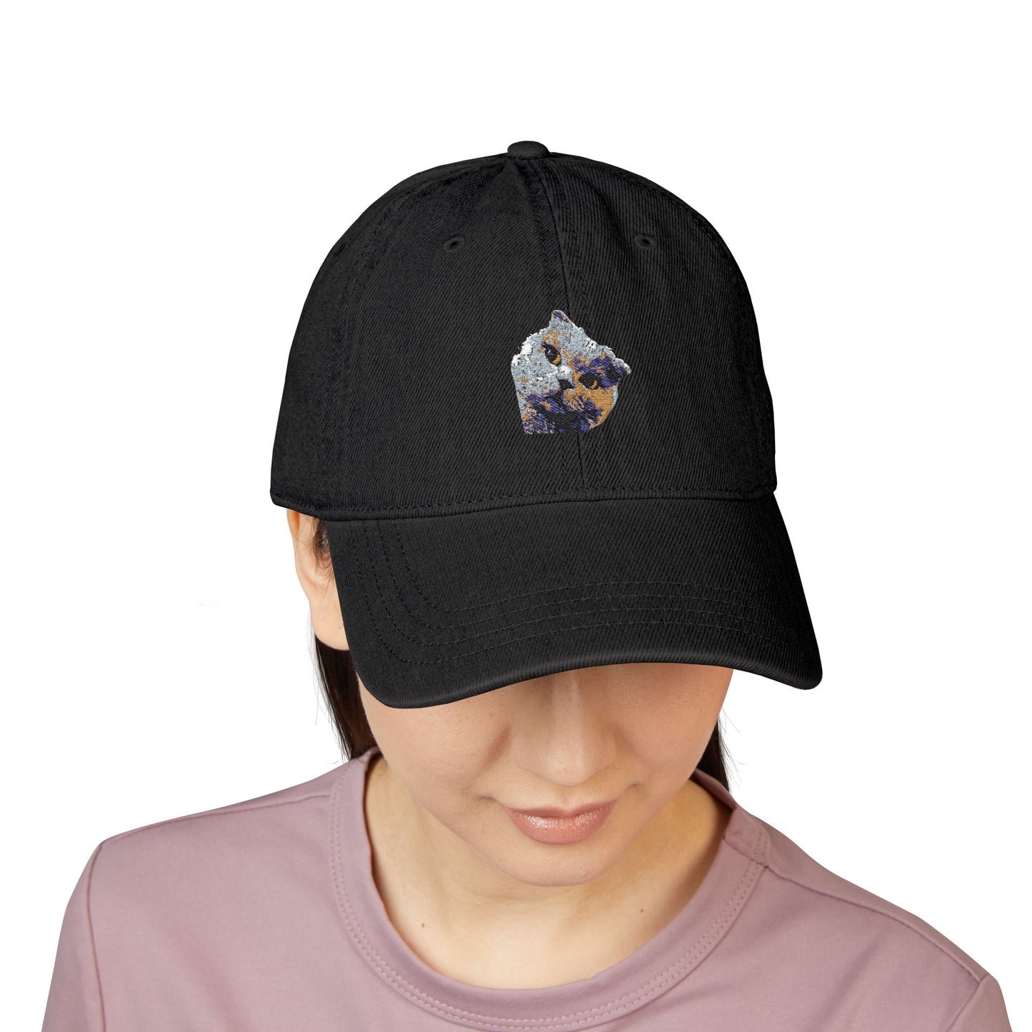 Embroidered Cat Face Denim Hat – Cute Sparkle Kitten Cap