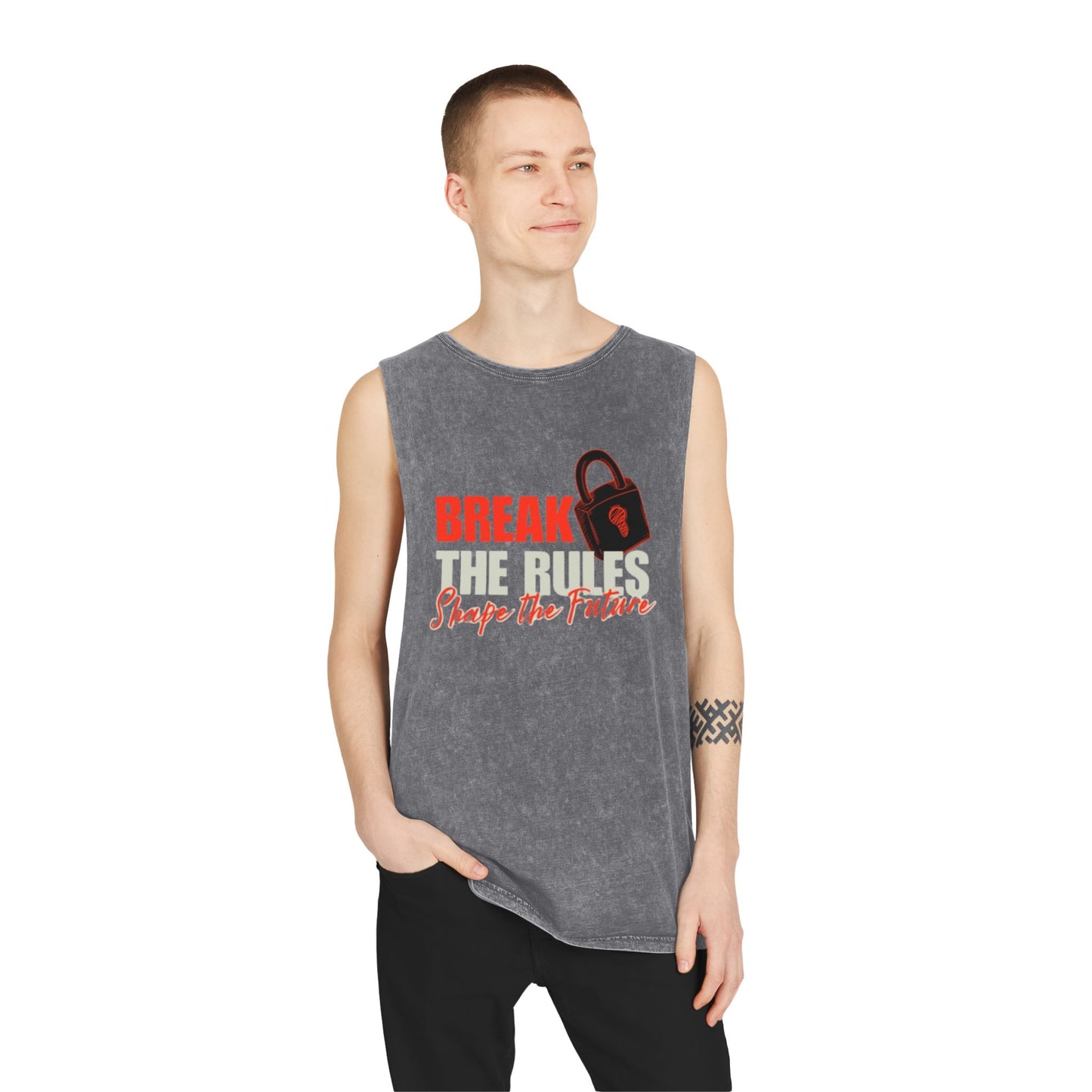 Break the Rules Stonewash Tank Top — 'Break the Rules, Shape the Future' Graphic Tank