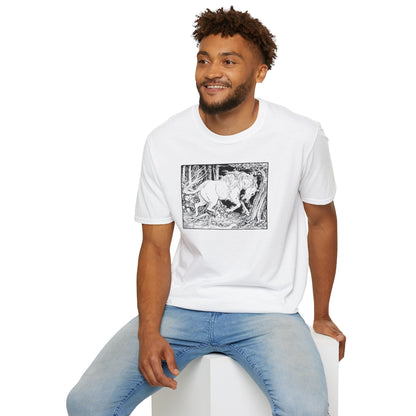 Mystic Forest Unicorn T-Shirt — Hand-Drawn Monochrome Fantasy Tee
